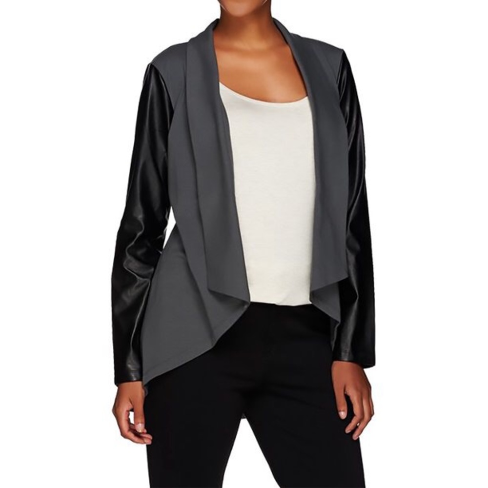 Women With Control Knit Jacket Faux Leather Sleeves